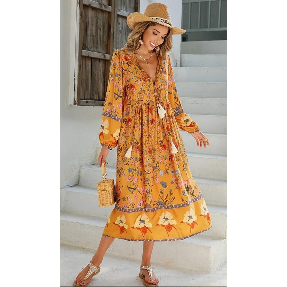 R. Vivimos Rayon Orange Pink Grey Floral Long Sleeve Peasant Boho Maxi Dress 2XL